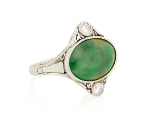 30
A Platinum, Jade and Diamond Ring
Featuring an oval jade double cabochon measuring approximately 13.60 x 10.10 x 3.26 mm, accented by two round diamonds set in a spiraling mount

Size: 5 3/4
5.00 grams gross
Estimate: $400 - $600