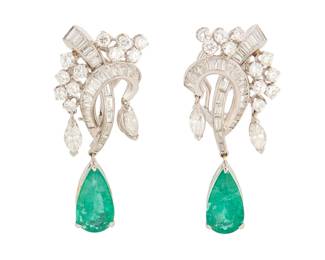 51
A Pair of Platinum, Emerald and Diamond Earrings
Of a spray design accented by round, tapered baguette and marquise-shaped diamonds weighing approximately 4.20 carats, suspending two pear-shaped emeralds weighing approximately 4.00 carats total

Measures: 1 1/2 x 3/4 in.
15.3 grams gross
Estimate: $5,000 - $7,000