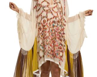 297
Chloé: A Multicolored Silk Chiffon Appliqué Shift Dress, 2016
Fall 2016, France
Label: Chloé / Made in France
A sheer "vanilla" light cream silk relaxed fit drapey dress, featuring rainbow multicolored frayed silk appliqué tufts to the front, with mustard and brown silk chiffon gathered draped panels to sides, exaggerated draped bishop sleeves with fluted cuffs, front and back keyhole openings with button fastening at back and scarf tie-neck collar, with separate matching two layer inner slip of silk georgette and polyester

Size 36 FR / US 4
Measurements: oversize
Dress: CB length: 34 in. approximately; sleeves from neckline: 30 1/2 in.; side drapery: 46 in.
Slip: bust across front: 18 in.; waist across front: 19 in.; length: 34 in. from top of strap to hem
Estimate: $500 - $700