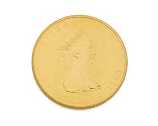 90
A 24K Gold Maple Leaf Coin
Featuring a Maple Leaf and Queen Elizabeth Portrait design, dated 1980

Measures: 1 1/4 x 1/4 in.
31.2 grams
Estimate: $3,000 - $5,000