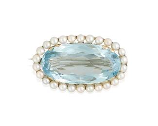 33
An 18K White Gold, Aquamarine and Seed Pearl Brooch
Centering an oval aquamarine weighing approximately 17.65 carats, encircled by seed pearls

Measures: 1 1/4 x 3/4 in.
10.9 grams gross
Estimate: $2,000 - $3,000