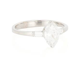 113
An 18K White Gold and Diamond Ring
Centering a marquise-shaped diamond weighing 0.86 carat, accented by baguette diamonds

Size: 7
2.4 grams
Estimate: $2,000 - $2,500
