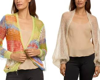 306
A Group of Designer Separates
Three works:

Rodarte: A multicolored mohair-mix loose knit long sleeve cardigan in greens, red, orange and white
Size M; CB: 23 1/2 in.; bust across front: 20 in. (unstretched); sleeves: 26 in.

Rodarte: An oversized loose knit cream mohair mix shrug with metallic gold yarn accents and variegated wool rib knit cuffs
One size; CB length: 35 in.; sleeves cuff to opening: 17 in; total width cuff to cuff: 67 in. approximately

Oscar De la Renta: A beige silk georgette bias cut camisole
Size 8; shoulder to hem length: 23 in.; bust across front: 20 in.

3 pieces
Estimate: $300 - $500