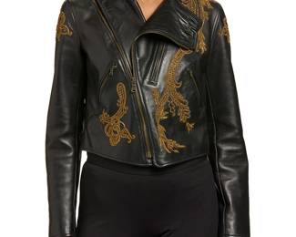 

Back to catalog
308
Ralph Lauren: A Black Leather Jacket with Bullion Embroidery
Circa 2000s-2010s, USA
Labeled for Ralph Lauren
A black lamb leather moto-style cropped jacket with scrollwork gold metal bullion embroidery, with asymmetrical front zip, tab button collar with gold thread buttons, and zips to sleeve cuffs, lined in black silk

Size 8 [small 8]
Measurements: CB length: 18 in.; bust across front: 19 in.; waist at front hem: 18 in.; shoulders: 15 1/2 in. across back; sleeves: 24 1/2 in.
Estimate: $1,000 - $1,500