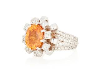 129
An 18K White Gold, Mandarin Garnet and Diamond Ring
Featuring an oval mandarin garnet measuring approximately 11.61 x 9.26 mm, accented by round diamonds weighing approximately 0.85 carat, in a two-tiered design

Size: 7
19.6 grams gross
Estimate: $2,500 - $3,500