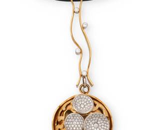151
An 18K Gold and Diamond Pendant Necklace
Featuring a naturalistic design featuring waving forms of gold accented by round diamonds weighing approximately 1.50 carats, suspended from a black rubber cord, signed GMHH

Cord: 17 in., Pendant: 3 1/4 x 1 1/4 in.
42.9 grams gross
Estimate: $4,500 - $5,500