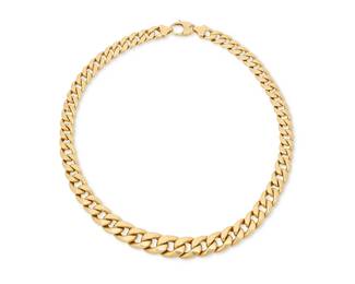197
An 18K Gold Chain
Of a graduated hollow curb link design

Length: 16 in., Width: 3/8 -1/2 in.
43.1 grams gross
Estimate: $4,000 - $6,000