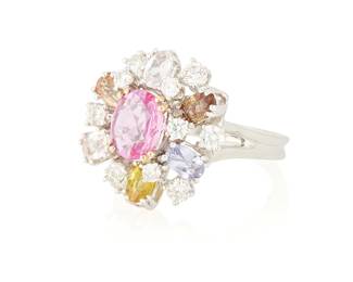 138
An 18K White Gold, Colored Sapphire and Diamond Ring
Centering an oval pink sapphire weighing approximately 1.40 carats, accented by variously colored oval sapphires and round diamonds weighing approximately 0.65 carats

Size: 6 1/2
7.79 grams gross
Estimate: $2,800 - $3,500