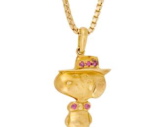 8
United Feature: An 18K Gold Snoopy Pendant and 14K Gold Chain
Featuring an 18k gold standing Snoopy wearing a hat all accented by round rubies, signed U.F.S,1958 no.005, suspended from a 14k gold chain, signed UnoAerre, Italy

Chain: 24 in., Pendant: 1 x 1/2 in.
10.0 grams gross
Estimate: $1,500 - $2,000