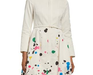 301
Oscar de la Renta: A Paint Splatter Bubble Hem Shirtdress, 2018
Circa 2018, Italy
Label: Oscar de la Renta / Made in Italy / S18
A knee-length hidden placket button-front shirtdress in white cotton/viscose ribbed faille fabric with multicolored paint-splatter print, fitted bodice with long sleeves and long cuffs, and shaped full skirt with gathered volume hem, silk lining, and a narrow self belt
2 pieces

Size 6
Measurements:
CB length: to waist: 14 1/2 in; to hem: 38 in.; bust across front: 17 3/4 in.; waist across front: 15 in.; hips across front: 19 1/2 in.; sleeves: 23 in.
Estimate: $300 - $500