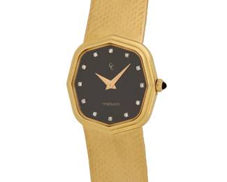 246
An 18K Gold Watch
Dial: 20.00 mm, black with diamond set hour markers
Case: 25.0 mm
Number: 5081162, 530, 959-001
Closure: an 18k gold bracelet with jewelry clasp
Signed: dial

Inner circumference: 6 1/4 in.
47.9 grams gross
Estimate: $2,500 - $3,500