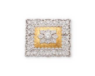 145
Buccellati: An 18K Bi-Color Gold and Diamond Brooch
Of an open work design featuring swirling patterns set with round diamonds weighing approximately 1.65 carats, finished with a brushed yellow gold center, signed M.Buccellati

Measures: 1 3/8 x 1 1/8 in.
10.9 grams gross
Estimate: $5,000 - $7,000