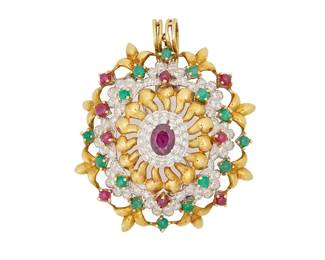 174
An 18K Bi-Color Gold, Ruby and Diamond Pendant/Brooch
Of an oval domed open work design centering an oval ruby measuring approximately 8.86 x 6.81 mm, accented by round emerald and ruby cabochons and finished with accents of round diamonds

Measures: 2 x 2 in. (without bail)
36.3 grams gross
Estimate: $5,000 - $7,000