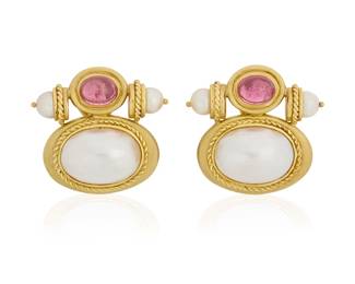 61
Joan Boyce: A Pair of Cultured Pearl and Pink Tourmaline Earrings
Featuring two blister pearls accented by four cultured pearls and two oval pink tourmalines, signed JB
2 pieces

Measures: 1 1/4 x 1 in.
30.0 grams gross
Estimate: $2,000 - $3,000