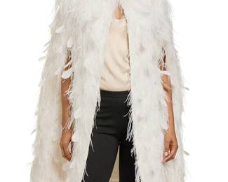 285
Huishan Zhang: A White Feather Cape Jacket
Circa 2021, China
Label: Huishan Zhang
A round neck white polyester-mix cape with diamond pattern embroidery and applied ostrich feathers overall, with side arm openings and a full silk lining, with four center front hook fasteners

Size 4
Measurements: CB length: 36 in.; 40 in. with feathers; across shoulders at back: 19 1/4 in.
Estimate: $700 - $900