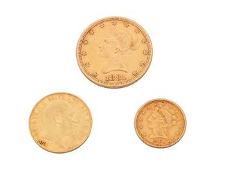 88
Three Gold Coins
Including a 1921 Liberty Head gold Eagle, a 1907 British Gold Sovereign and a1861 Liberty Head quarter Eagle
3 pieces

28.8 grams gross
Estimate: $2,500 - $3,500