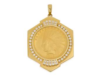 81
A Gold Coin and Diamond Pendant
Featuring a 22k gold $10-dollar Indian Head coin, dated 1915, set in an 18k gold frame accented by round diamonds weighing approximately 0.84 carats

Measures: 2 1/8 x 1 3/8 in.
31.5 grams
Estimate: $2,500 - $3,500