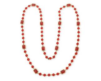 277
CHANEL: A Gold Tone and Red Glass 'Chicklet' Necklace, 1981
Designed as a long chain featuring round and rectangular bright red glass links, signed on hang tag charm: Chanel, double C, 1981

Length: 57 in.
162.3 grams gross
Estimate: $1,000 - $1,500