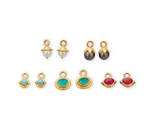 15
Attributed to Elizabeth Locke: A Group of Gold and Gem-Set Elements
Including two pairs of 18k gold and three pairs of 20k gold all accented by cabochon rubies, cabochon turquoise, glass intaglio tablets, white cultured pearls and black cultured pearls
10 pieces

Measures: 5/8 - 3/4 in.
27.1 grams gross
Estimate: $1,800 - $2,500