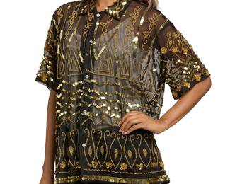 312
Bode: An "After Party" Black and Gold Sequin Shirt, 2022
Circa 2022
Labeled for Bode, New York
A short-sleeved 1960s-inspired black nylon net oversize shirt with applied gold beads and sequins in bands of various abstract and floral motfs

Size S/M
Measurements: CB length: 30 in.; bust across front: 25 in. ; sleeves: 9 1/2 in.
Estimate: $200 - $300