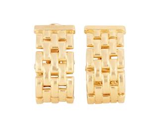 1
Cartier: A Pair of 18k Gold 'Maillon Panthere' Earrings
Featuring five rows of gold in a brick link design, signed Cartier, no. B64879, with signed box
2 pieces

Measures: 1 x 1/2 in.
24.9 grams gross
Estimate: $2,500 - $3,500