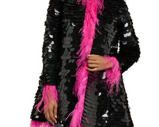 287
CD Greene: A Black Sequin & Hot Pink Ostrich Feather Jacket
Circa 1990s-2000s
Label: CD Greene
A flared swing coat with rows of large round black sequin paillettes overall, lined with pink satin, with shoulder pads, and pockets to side fronts, and with diamanté and featther accents to interior lining at center front and hem, and trimmed with pink feathers to opening, collar, cuffs, and hemline

Size 8
Measurements: CB length: 31 in.; across shoulders at back: 15 in.; sleeves: 22 in., with feathers: 26 in.
Estimate: $300 - $500