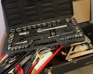 Variety of Tools In Gray Tool Box Socket Set