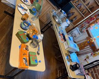 Old Boy Scout first aid kits, Morse code signal set. Roseville pottery. 