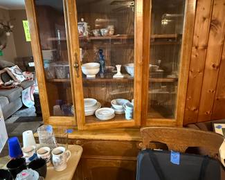 Nice china cabinet. Old glass pieces inside for sale. A real nice set of old crystal pitcher and glasses. Heavy pieces!