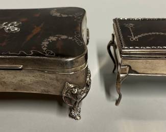Two English Sterling Silver Mount Pique Footed Boxes