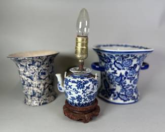 Two Modern Chinese Blue And White Porcelain Vases With A Small Table Lamp
