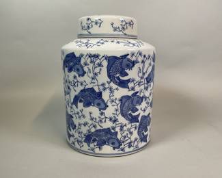 Chinese Blue And White Porcelain Fish Jar, Modern
