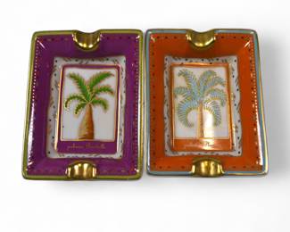Two Miniature Hermes Porcelain Ashtrays With Palm Trees