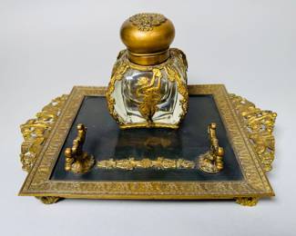 Continental Gilt Brass And Horn Inkwell And Stand, C. 1900