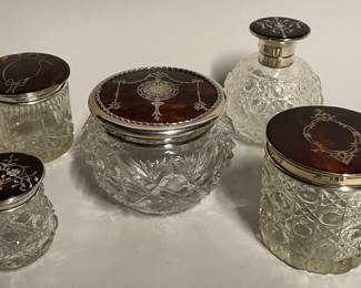 Five English Pique, Sterling Silver And Cut Crystal Vanity Jars (5)