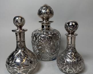 Three Gorham Fine Silver Overlay Scent And Vanity Bottles (3), C. 1900
