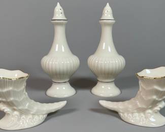Lenox Ivory Porcelain Salt And Peppers Shakers, Together With A Pair Of Cornucopias (4)