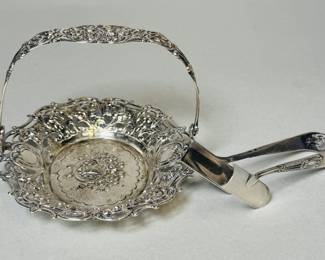 German .800 Silver Pierced And Repousee Basket And English Sterling Silver Asparagus Tongs
