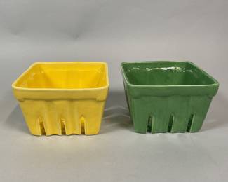 Pair Of Green And Yellow Ceramic Berry Baskets (2)