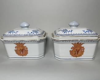 Pair Of Chinese Export Style Porcelain Covered Dishes, Modern