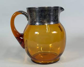 Depasse Pearsall Silver Co. (New York) Amber Glass & Silver Overlay Pitcher With Tennis Scene, C. 1925