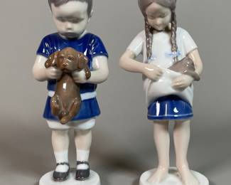 Bing & Grondahl Porcelain Figurines - #1747 Ole Boy With Puppy Dog & #1779 Little Mother, Girl With Cat