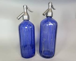 Pair Of Vintage English Pinks And Britvic Blue Glass Soda Water Bottles