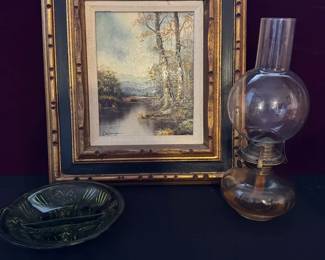 Beautiful Framed Painting With Vintage Colored Glass Dish ashtray And Vintage Hurricane Globe Lamp