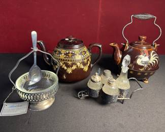 Unique Kettles, Antique Cruet Set And Vintage Relish Bowl