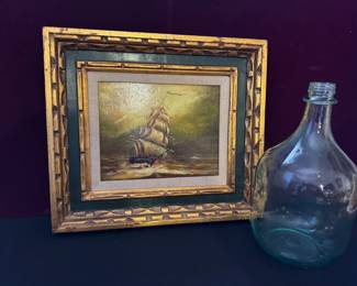 Vintage DemiJohn Bottle And Beautiful Framed Painting