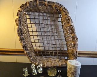 Large Oval Twig And Grapevine Basket, Glass Flower Frog, Clear Glass Figurines 