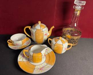 Vintage Childs Porcelain LusterWear Tea Set, And And Vintage Moroccan Style Decanter