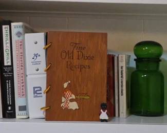 Set Of 3 Belgium Green Glass Apothcary Jars And Cook Books