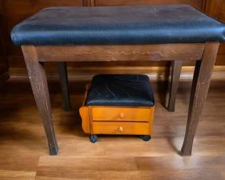 Antique Wooden Piano Bench And Wooden Foot Stool